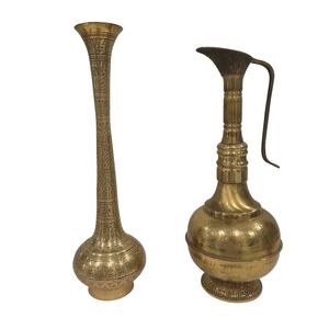 Vintage Etched Brass Vase 17.5" Jerusalem Genie Pitcher 16" Set‎ Home Decor Tall